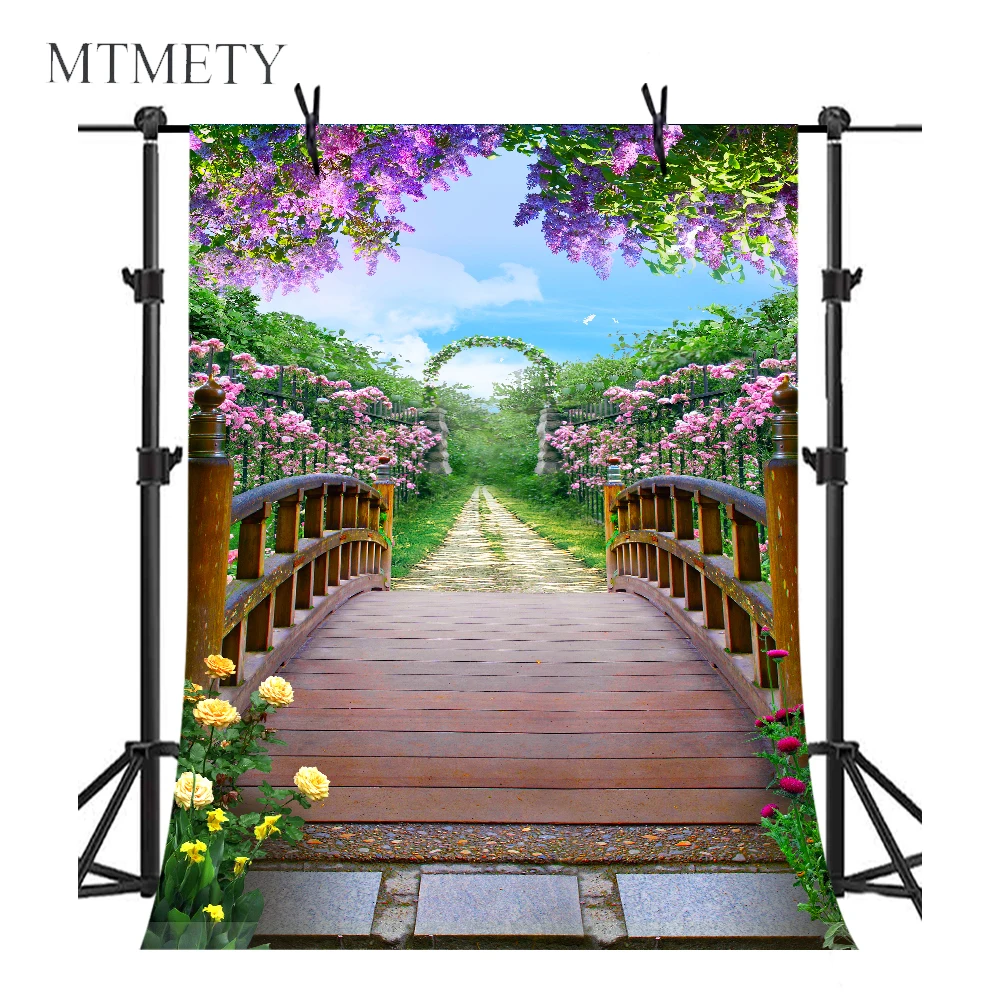 

MTMETY Colorful Flowers Blossom Photography Backdrop Wooden Bridge Floral Background for Bride wedding Outdoor Shooting Props