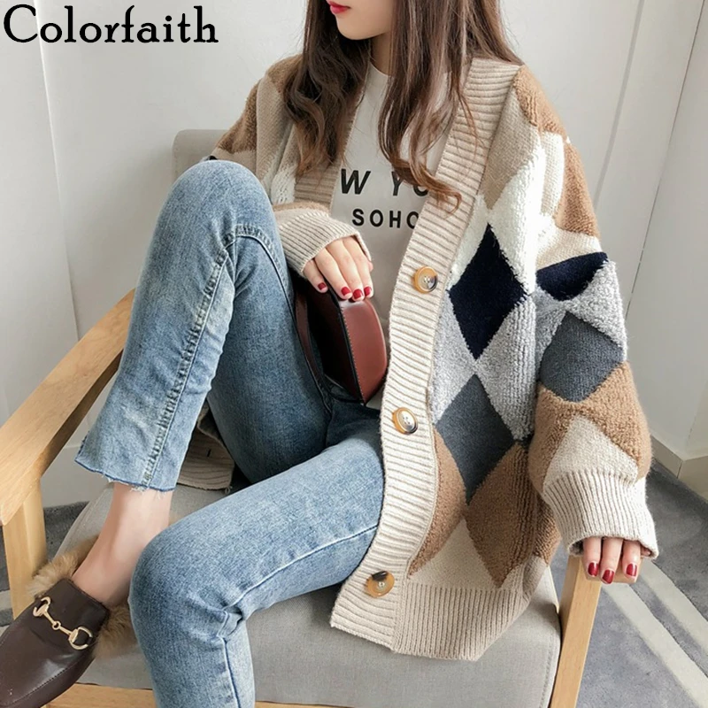 Colorfaith 2021 женские свитеры на зиму и весну в клетку кардиганы с v-образным вырезом