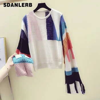 

2019 New Color Matching Split Trumpet Sleeve Sweater Women's Long Sleeve Pullover Sweater Female Loose Knitwear Shirt Streetwear