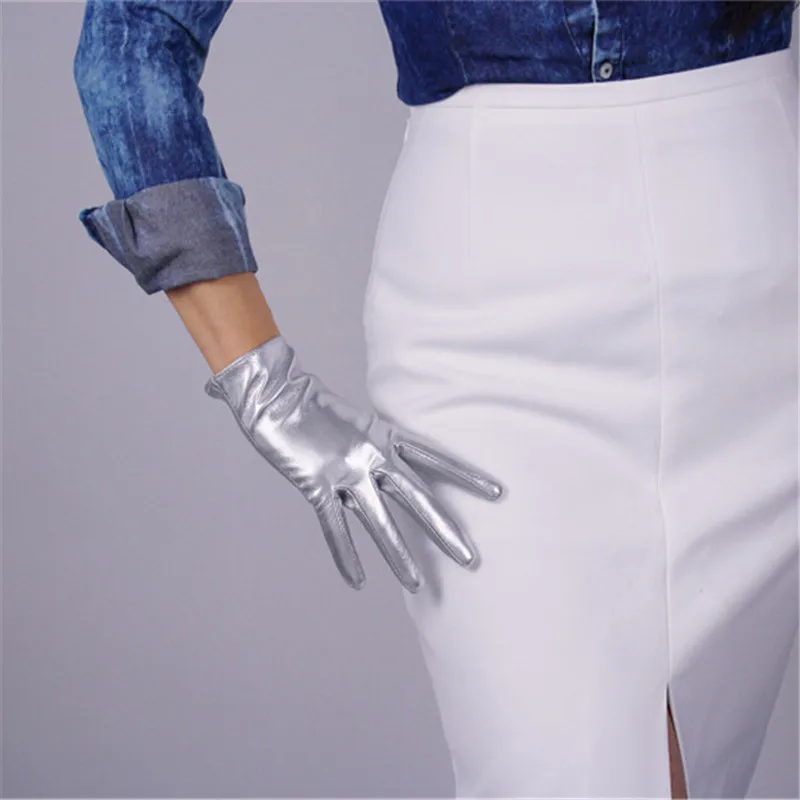 leather silver Короткие перчатки для сенсорного экрана 21 см из искусственной кожи, зеркальные Яркие кожаные лакированные кожаные яркие черные, коричневый, белый светильник WPU125 - Цвет: leather silver