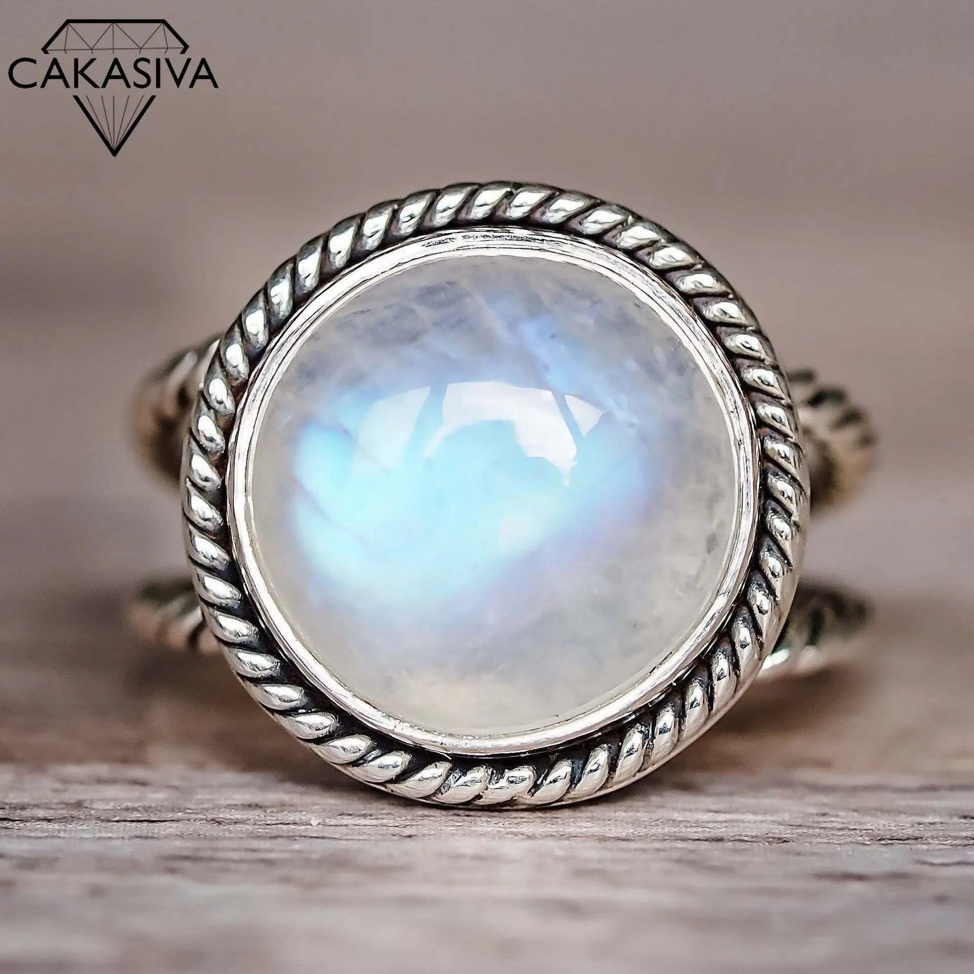 

Exaggerated Punk Style Moonstone Ring Retro Marcasite Circular Engagement Ring Silver 925 Ring for Women