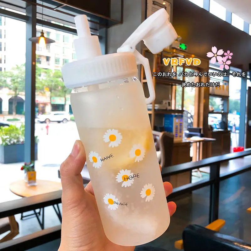 500ml Kawaii Small Daisies Milk Water Bottle With Straw Portable Leakproof Frosted Glass Fashion Cute Drinking Coffee Cup