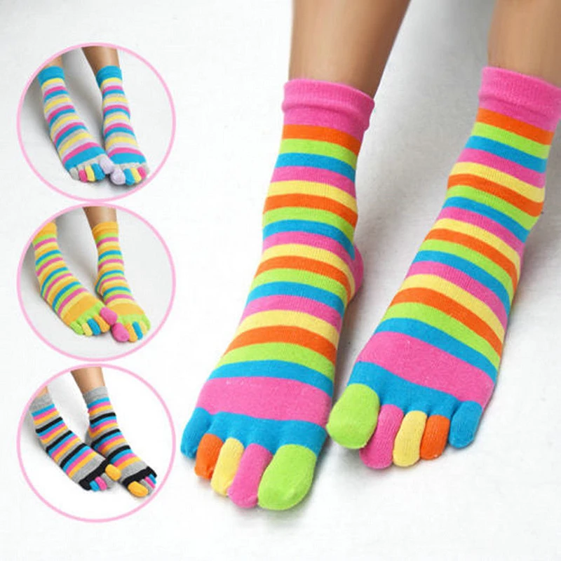 

Korean Funny Five Fingers Rainbow Color Striped Printed Toe Ankle Socks Women Cotton Harajuku Women's Socks