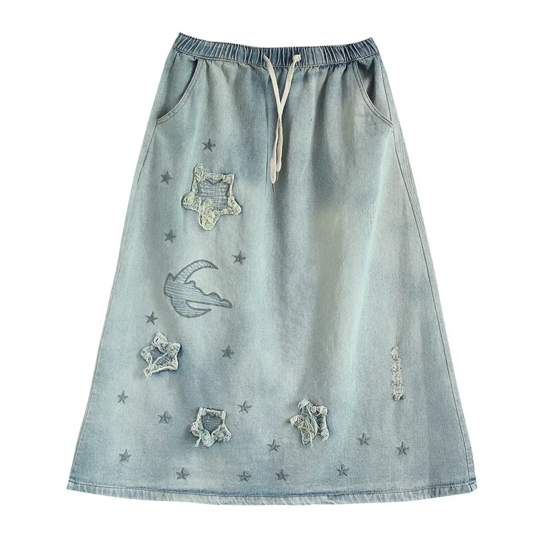 

Spring Casual Long Denim Skirts Women Elastic High Waist Vintage Cartoon Embroidery Ladie Oversized Ripped Jeans Skirts De Muje