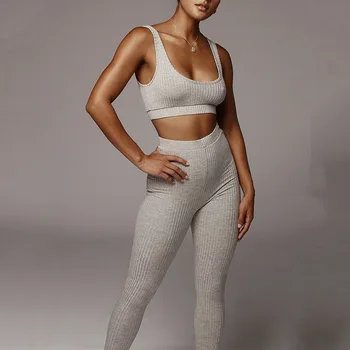 

Knitted High Waist Autumn Two Piece Set Women Tank Top Bars And Leggings Pants Suit Solid Casual Ladies Tracksuits