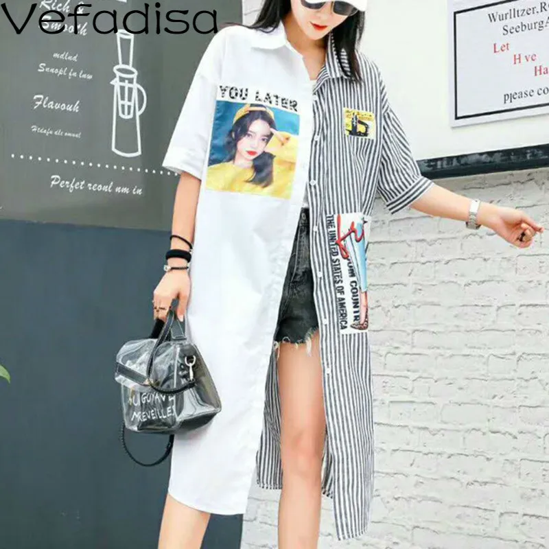 Vefadisa Summer Woman Casual Striped Spliced Blouse Short Sleeve Long Length Turn-down Collar 2019 QYF138 |