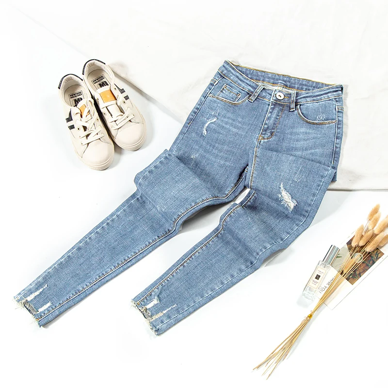 Spring hole jeans women nine points high waist elastic rotten pants summer Korea thin skinny feet thin section blue women jeans