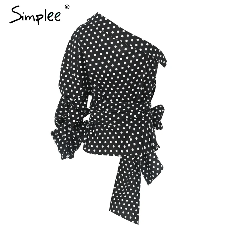 Женская белая блузка Simplee с открытым плечом женская в горошек поясом и длинным