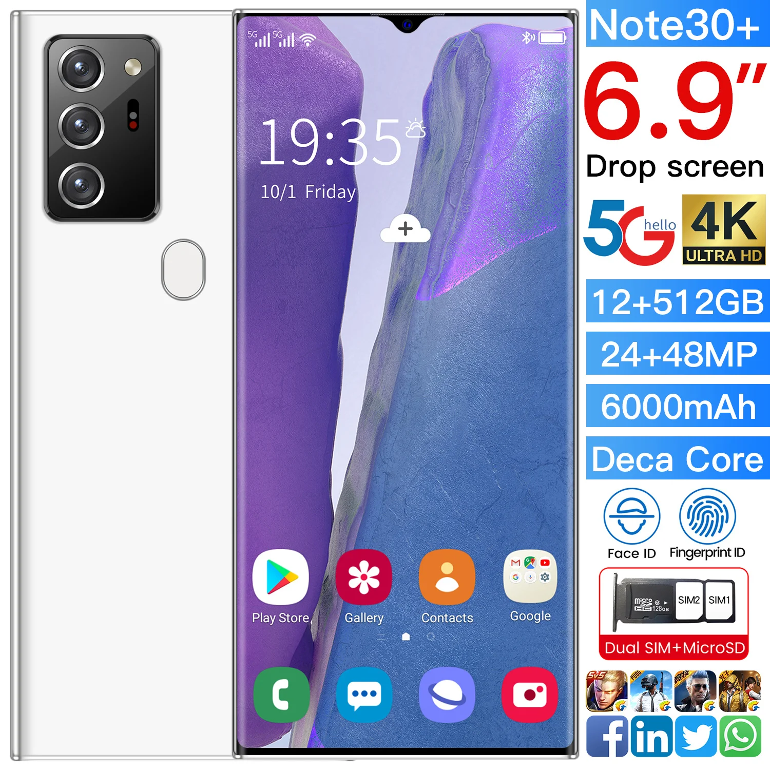 Горячая Note30 + 6 9 дюймов 12 Гб 512 MTK6889 10-Core Android смартфонов 5G пусть мобильных телефонов