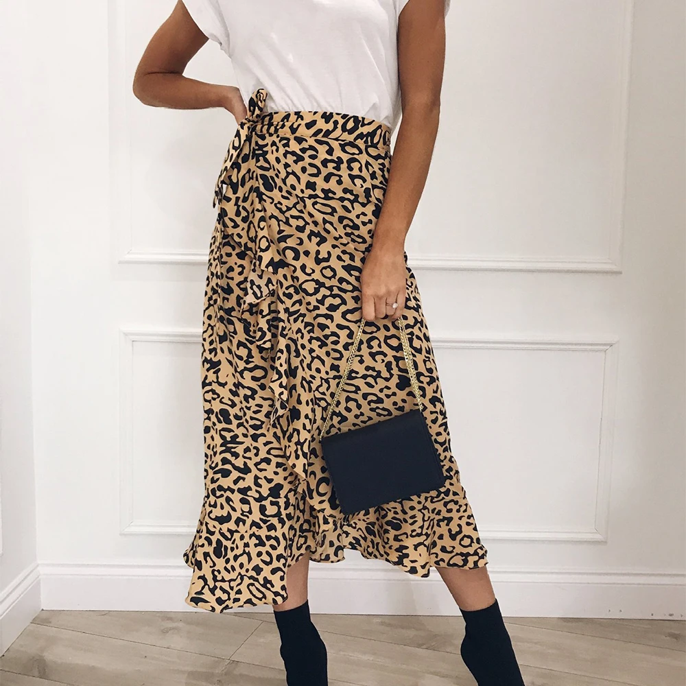

MoneRffi 2020 Hot Sale Women Slim Fashion Casual Leopard Print Boho Wrap Over Aysmmetric Loose Skirt High Waist Midi Skirts S-XL