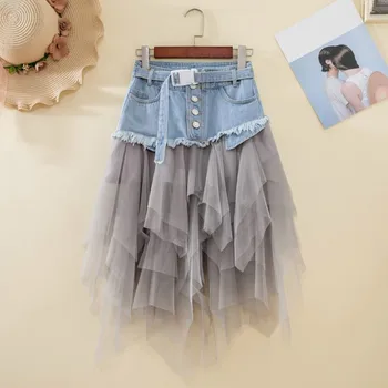 

Summer Mini Tutu Tulle Skirt Gothic Punk Women High Waist Irregular Denim Skirt Sexy Club Party Mesh Patchwork Short Jeans Skirt