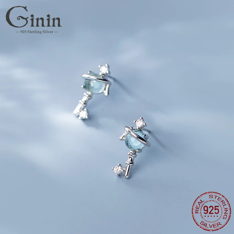 

Ginin 925 Sterling Silver Korean Style Blue Crystal Shiny Zircon-Encrusted Stud Earring for Women Simple Key Shape Small Jewelry