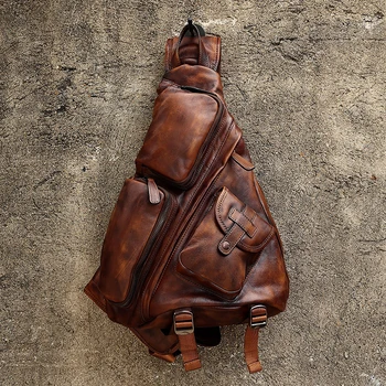 

Mens B6 Cow Leather Backpack Triangle Chest Bag Large Capacity Leather Bag Shoulder Messenger Bag Riding Bag Retro Travel Bag
