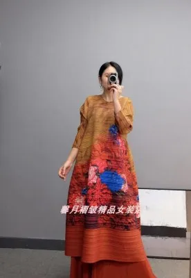 Горячая Miyake fold три четверти печати длинное платье+ Твердые широкие брюки костюм