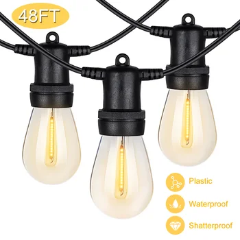 

Outdoor String Lights 48ft Edison Vintage Bulbs Globe Patio Lights Weatherproof Strand 15 Bulbs for Cafe Bistro Backyard Pool