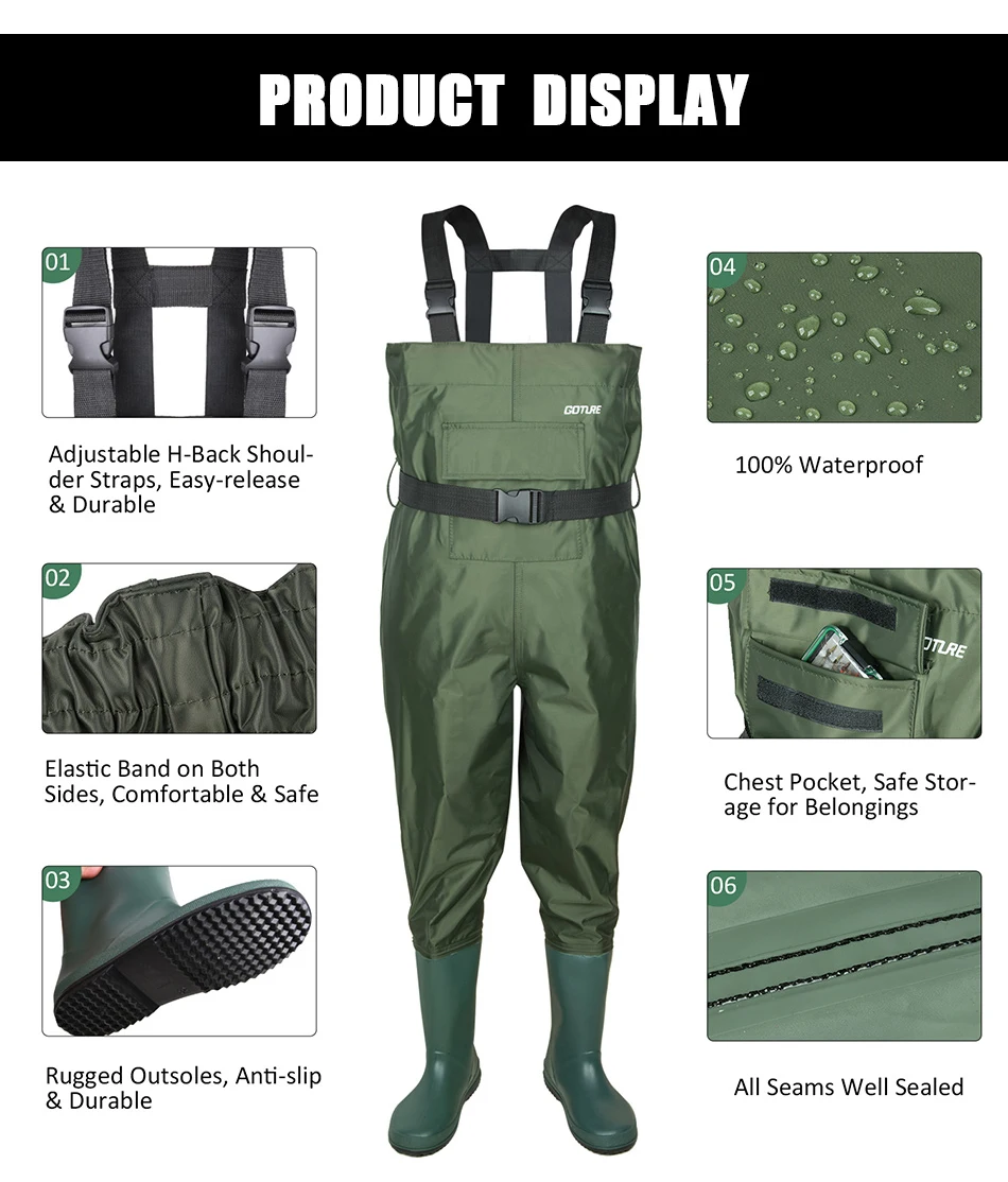 Leves da Pesca do Pvc das Crianças do Peito de Goture com Bootfoot para a Criança e as Crianças da Idade Waders Duráveis Respiráveis Bootfoot para a Criança e as Crianças da Idade 2-13 com 4 com bootfoot para a criança e as crianças da idade 2-13