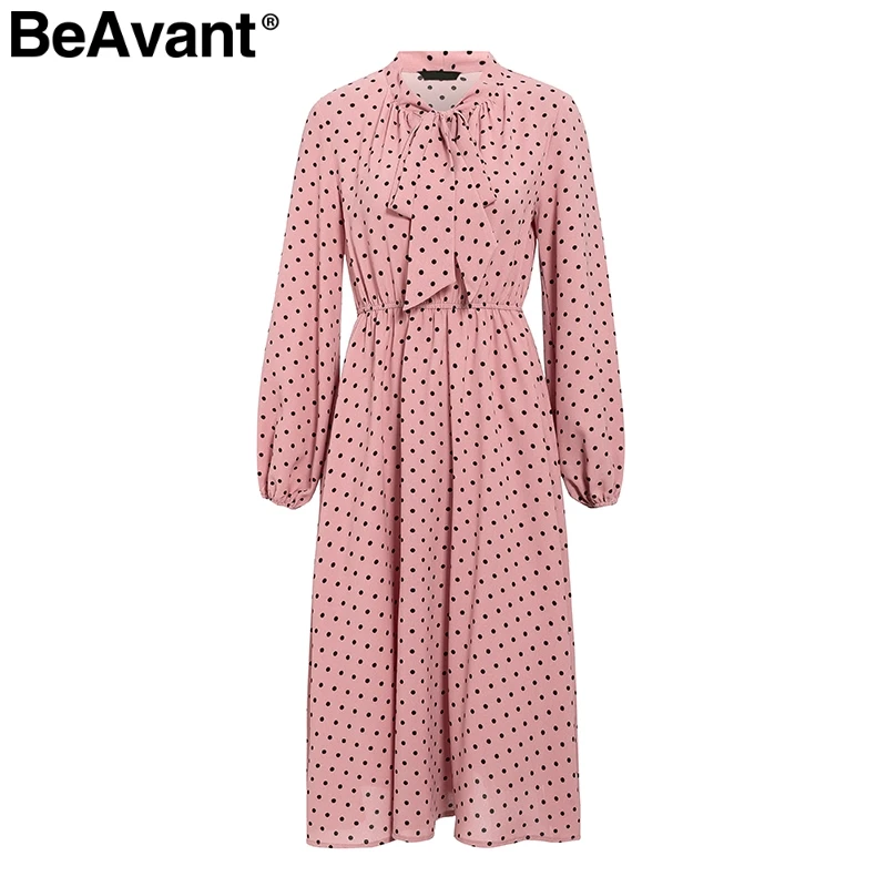 BeAvant, элегантное платье макси в горошек, для женщин, осень, зима, рукав-фонарик, розовое платье, свободное, праздничное, для девушек, шикарное, с бантом, Платья для вечеринок - Цвет: Розовый