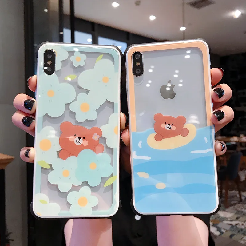 

Cute Cartoon Flowers Bear Transparent Glass Hard PC Phone Cover For iPhone X XS Max XR Case For iPhone 7 8 6 6s Plus Back Cover