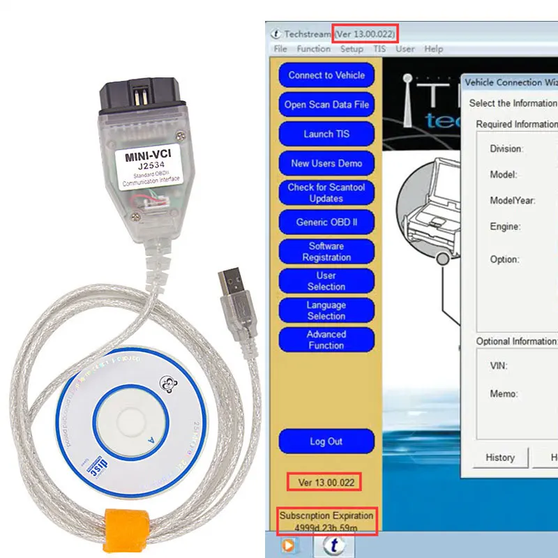 V13.00.022 диагностический мини-разъем для TOYOTA TIS Techstream minivci FTDI для J2534 OBD OBD2 автомобильный диагностический инструмент авто кабель сканера