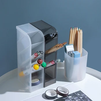 

Multi-function 4 Grid Desktop Pen Holder Office School Storage Case Clear White Black Plastic Box Desk Pen Pencil Organizer