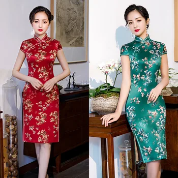 

Chinese Style Women Cheongsam Summer Rayon Satin Daily Dress Printed Vintage Handmade Button Stage Show Qipao Plus Size M-4XL