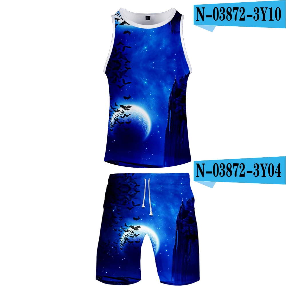 Хэллоуин 3D повседневная одежда с О-образным вырезом, летнее платье без рукавов с шириной плеч Топ без рукавов+ Летние для серфинга шорты - Цвет: Небесно-голубой