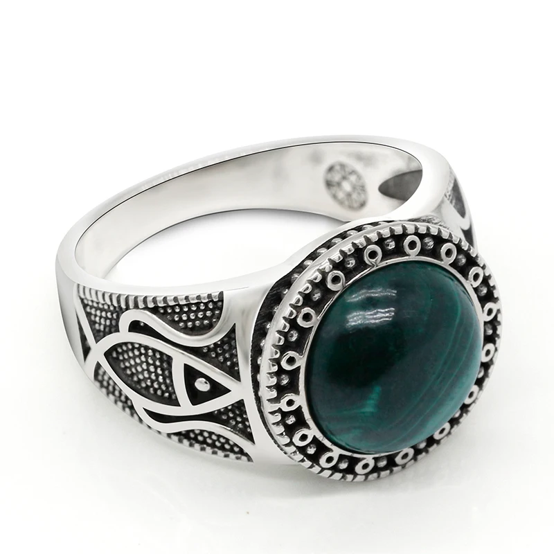 Natural stone pure 925 sterling silver antique Turkish ring, malachite men's agate color punk rock jewelry