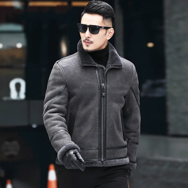 AYUNSUE Real Fur Coat Shearling Jacket Men Sheepskin Coat Mens Genuine Leather Jacket Motorcycle Natural Sheep Fur A19-X5020 - Цвет: Gray