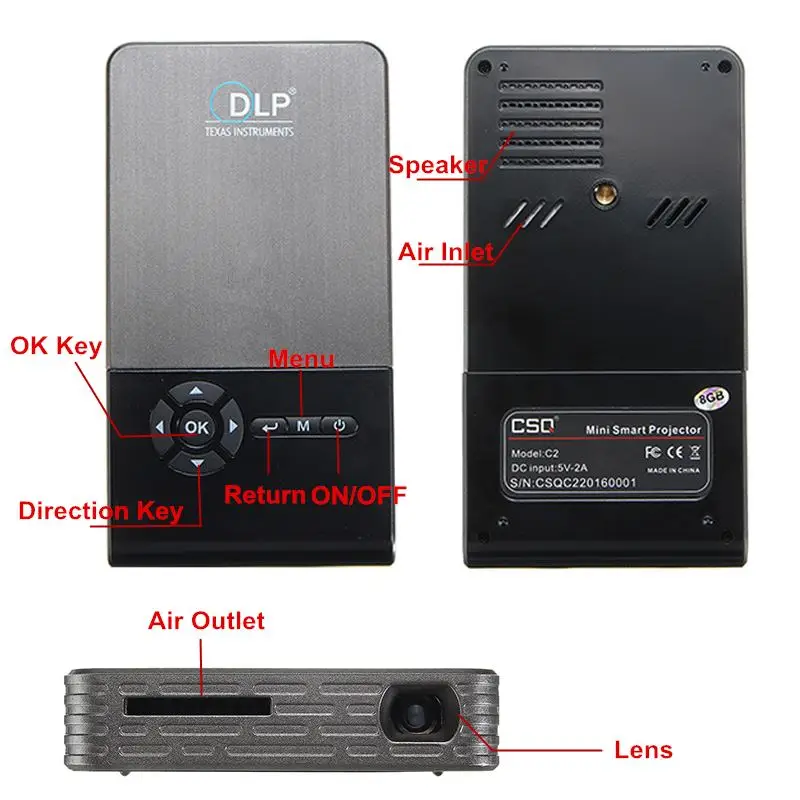 Проектор для домашнего кинотеатра Android 4,4, умный мини-проектор C2 DLP WiFi 1+ 8G BT4.0 для карманного портативного bluetooth светодиодный DLP проектора