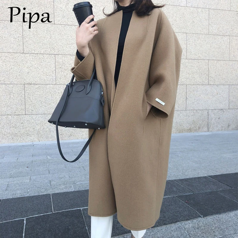 

2020 Autumn And Winter Women Wool Coat Long Sleeve Button Fashion Down Female Blends Causal Loose business Coat Winter Outwear
