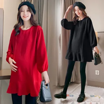 

New pregnant spring comfortable round neck dress red tide mom large small round neck long sleeve maternity dress ruffle dress
