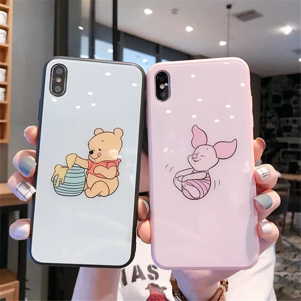 

KAIEN pink Tempered Glass cute Winnie pooh piglet Fashion cover Mobile phone case for iPhone 6 6s 7 7plus 8 8plus 10 X XR XS MAX