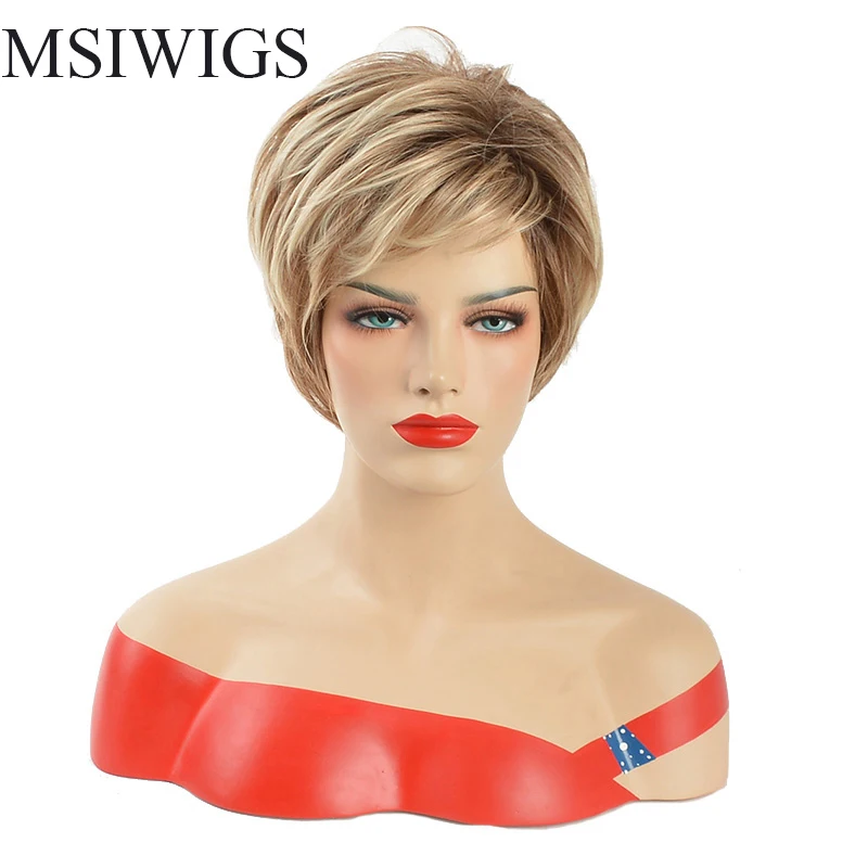 MSIWIGS короткий Пушистый прямой синтетический парик 1" с натуральным челкой Пикси срезанный с моментами для женщин