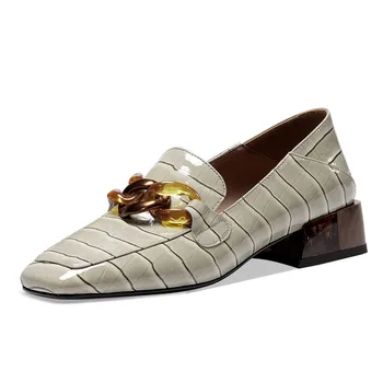 

2020 Cowhide Stone Patter women shoes Full Leather Cowhide Fashion Ladies Chain Heel Stitching College Loafers Zapatillas mujer