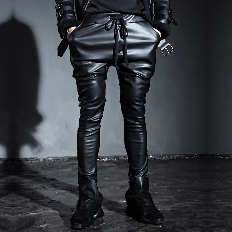 Autumn Winter Trousers Punk Retro Goth Slim Casual Long Pants Plus Size Men Pu Leather Pants Slim Fit