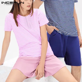 

Men Unisex Pajama Set Striped Print Sleepwear Loose Short Sleeve Pants Pyjamas Couple Casual Home Service Suit INCERUN Plus Size