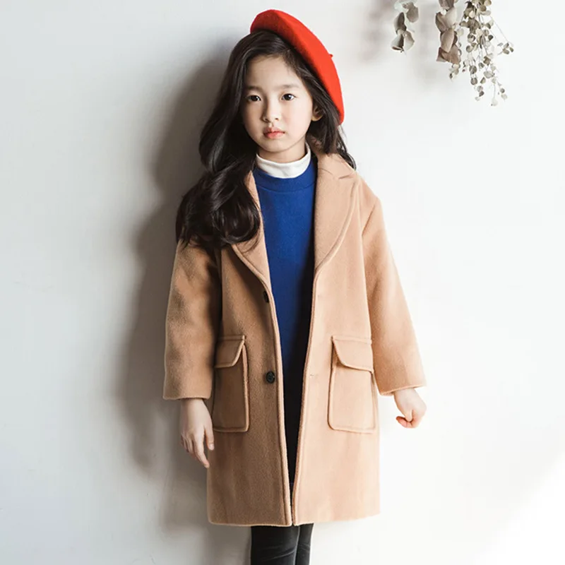 

2019 Autumn Winter Kids Girls Woolen Warm Coat Fashion Children Wool Blends Overcoat Big Girl Long Jackets for 6-14 yrs