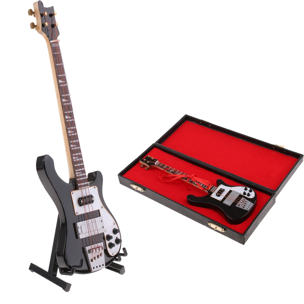 Handmade Mini Wooden Electric Bass Model with Stand for 1/6 Action Figures Hot Toys 12inch Dolls Accessories
