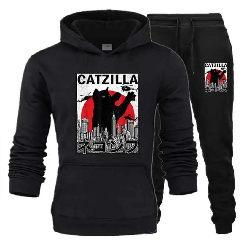 

Костюм спортивный Catzilla мужской в японском стиле, пуловер в стиле Харадзюку, повседневная кофта с капюшоном, уличная одежда