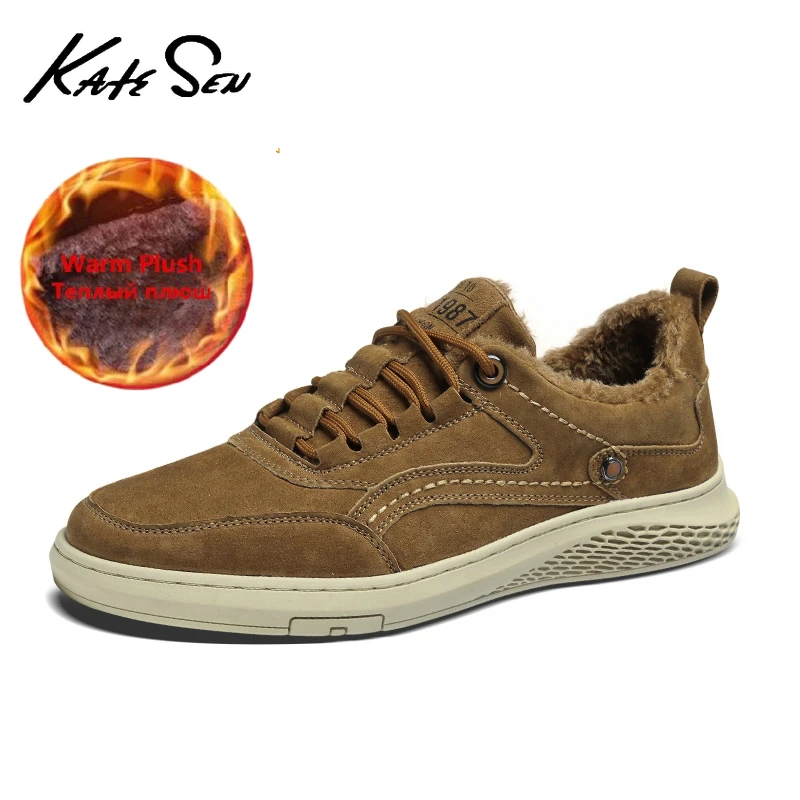 

KATESEN New Winter Men's Fashion Plush Warm Suede Flat Shoes Classic Outdoor Casual Non-slip Rubber Walking Sneakers Big Size 47