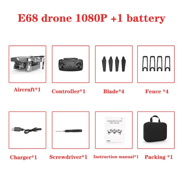 Дрон E68 HD широкоугольный 4K wifi 1080P FPV Дрон видео запись в реальном времени Квадрокоптер высота для обслуживания Дрон камеры Дрон e58 - Цвет: Красный