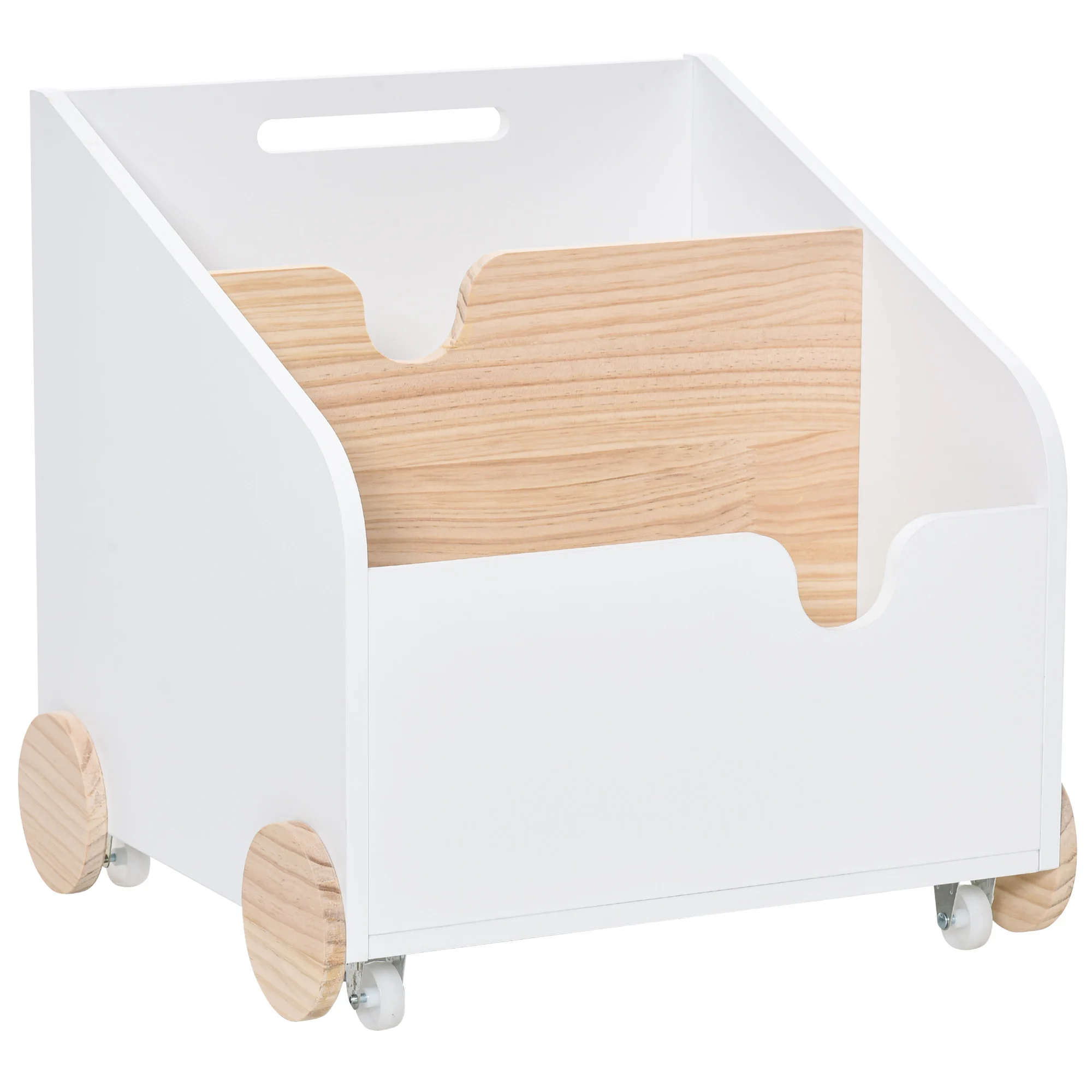 Toy Storage Box 2 Sections With Wheels Handle Cart Wooden