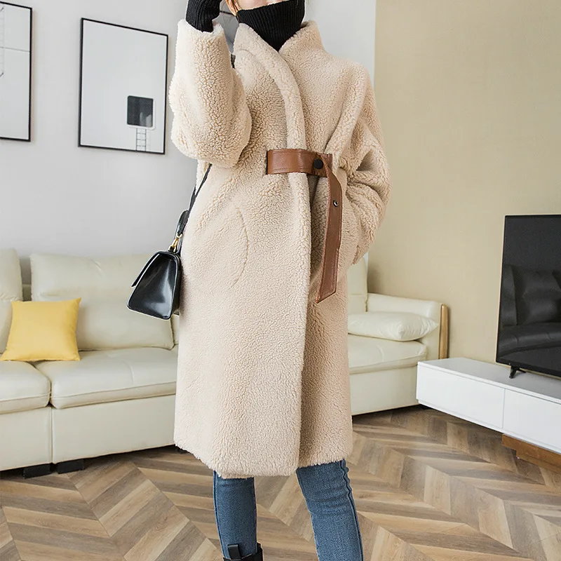 

Autumn Winter Long Wool Coat Women Thickened Warm Classic Fashion Fur Integrated Lace Up Cashmere Jacket Woman Parkas Luxury