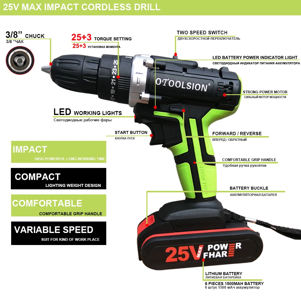 25V Electric Tools Impact Drill Impact Electric Screwdriver Impact Cordless Drill Electric Drill Battery Screwdriver 25+3 Torque