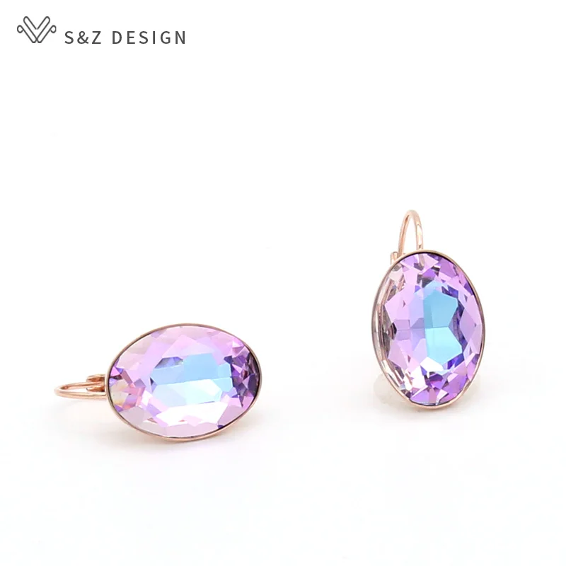 S&Z DESIGN New Trendy 585 Rose Gold Color Luxury Big Oval Pink Crystal Dangle Earrings For Women Wedding Jewelry