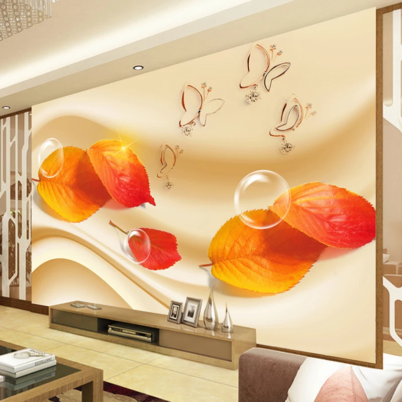 

Drop Shipping Custom Photo Wallpaper 3D TV HD Fashion Red Maple Leaves Butterfly Bubble Large Mural 3D Wall Murals Wallpaper