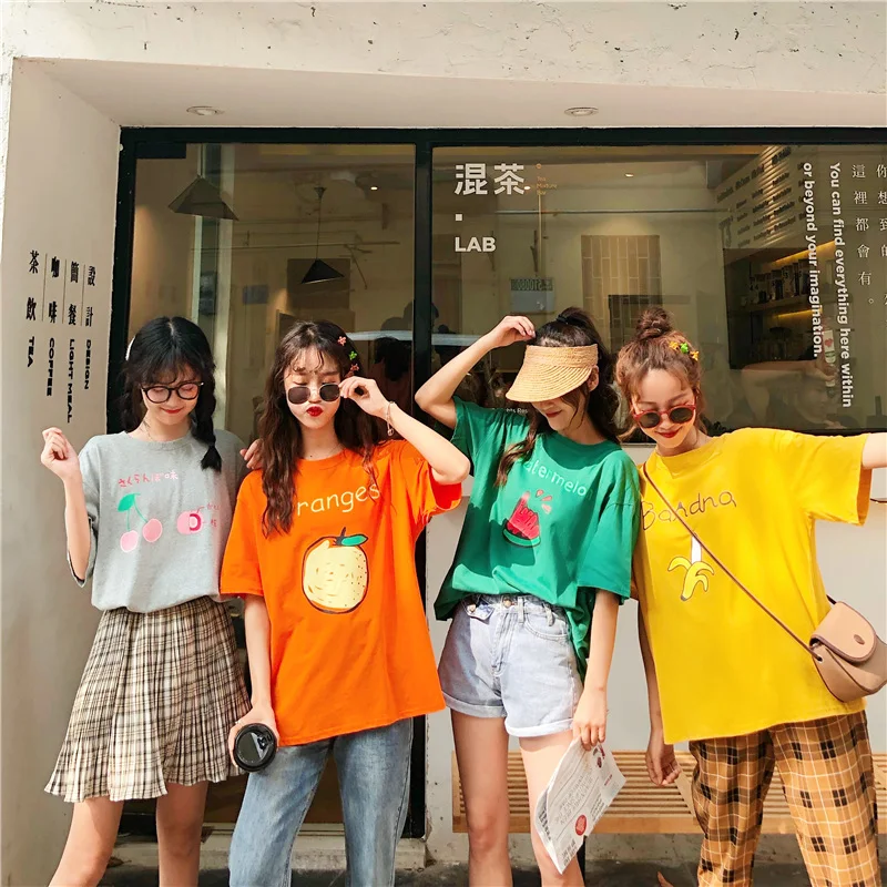 Корейская хлопковая Футболка ovesize Friend Ulzzang футболка с фруктами в стиле Харадзюку