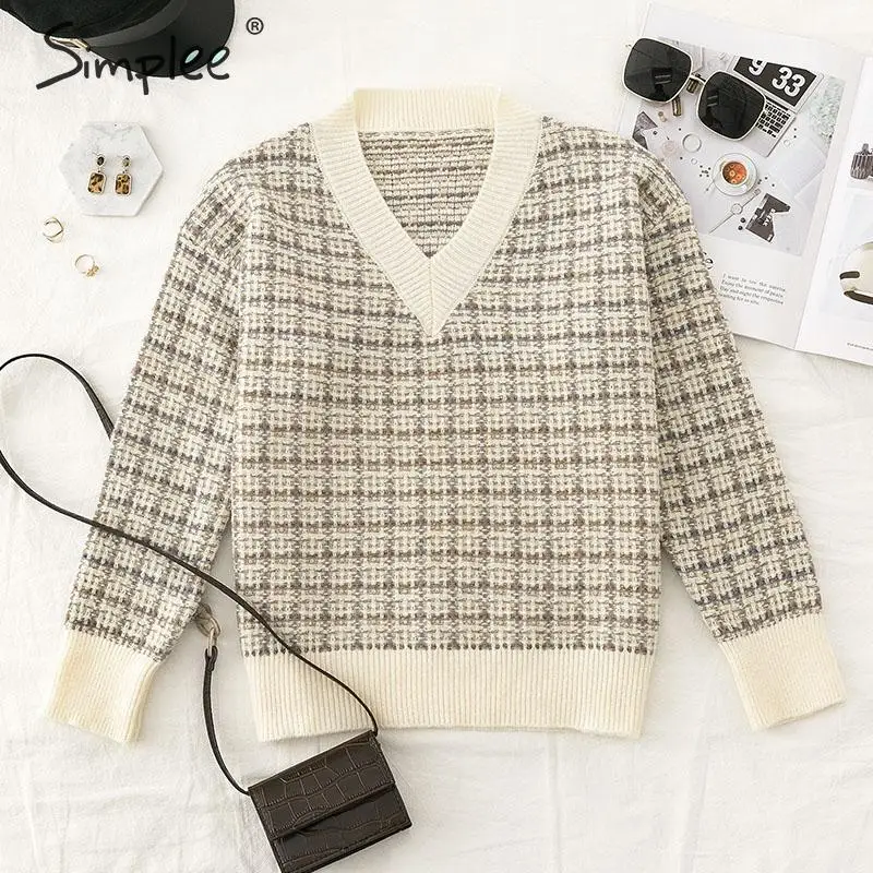 Simplee Мода v шеи негабаритных женщин свитер длинный рукав плед Женский вязаный