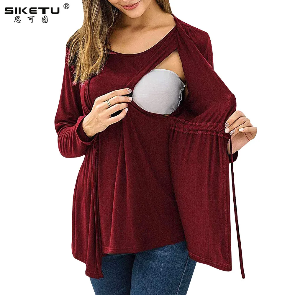 

2019 Maternity Autum Breastfeeding Clothes Long Sleeve Fake two-piece Nursing T-shirt Top Pregnancy Blouse Casual Tee Tops D30