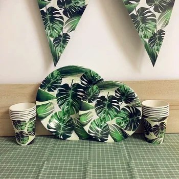

25pcs/set Summer Beach Tropical Green Palm Leaves And Monstera Leaf Baby Shower Kids Favor Theme Disposable Tableware Sets
